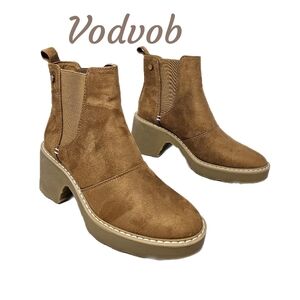 Vodvob Ankle Boots Womens Sz 7 Carmel Faux Suede Chelsea Pull On Chunky Heel